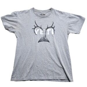 YETI Mens Graphic T-Shirt Gray Elk Antler Fish Tail Logo Short Sleeve Medium